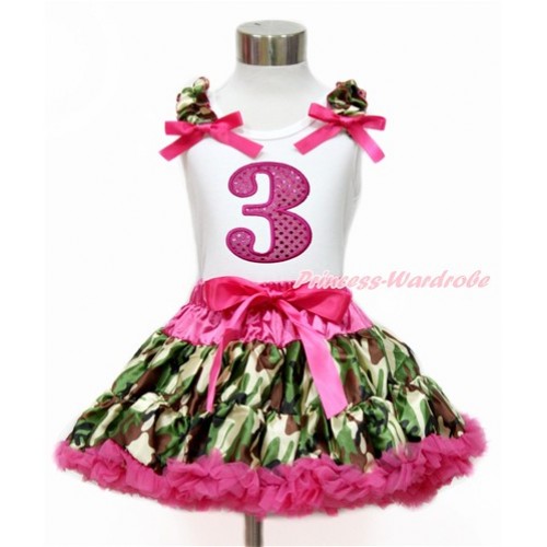White Tank Top with Camouflage Ruffles & Hot Pink Bow with 3rd Sparkle Hot Pink Birthday Number Print & Hot Pink Camouflage Pettiskirt MG1162 