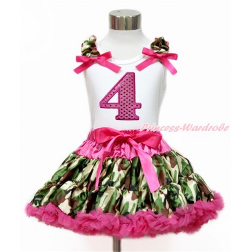White Tank Top with Camouflage Ruffles & Hot Pink Bow with 4th Sparkle Hot Pink Birthday Number Print & Hot Pink Camouflage Pettiskirt MG1163 