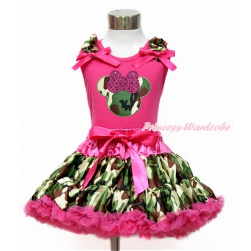 Hot Pink Tank Top with Camouflage Ruffles & Hot Pink Bow with Sparkle Hot Pink Camouflage Minnie Print & Hot Pink Camouflage Pettiskirt MH206 