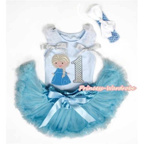 Light Blue Baby Pettitop with White Ruffles & Sparkle Silver Grey Bows with Princess Elsa & 1st Sparkle White Birthday Number Print & Light Blue Newborn Pettiskirt With Light Blue Headband White Silk Bow NG1466 