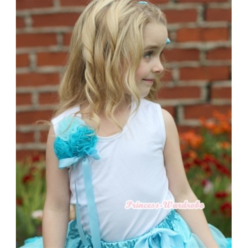 White Tank Top with Bunch of One Light Blue Two Peacock Blue Rosettes& Light Blue Bow TB355 