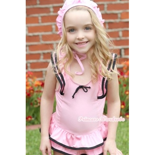 Light Pink Black Layer Sweet Swimming Suit with Cap SW47 