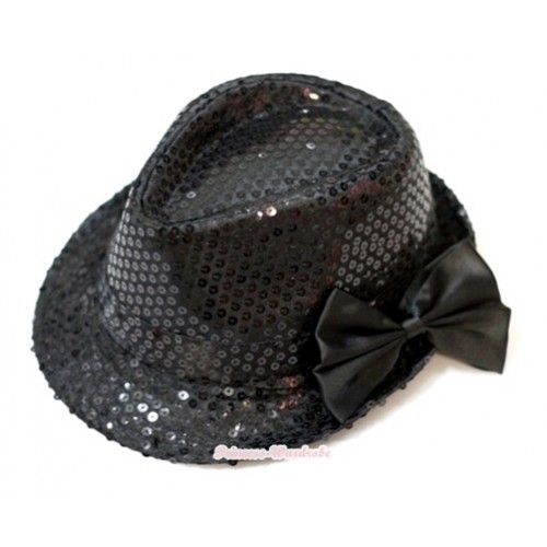 Sparkle Sequin Black Jazz Hat With Black Satin Bow H628 