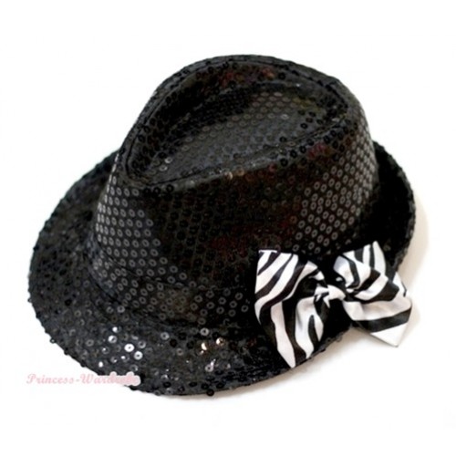 Sparkle Sequin Black Jazz Hat With Zebra Satin Bow H629 