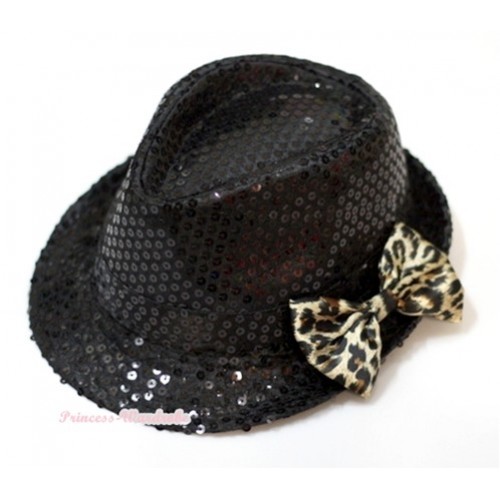 Sparkle Sequin Black Jazz Hat With Leopard Satin Bow H630 