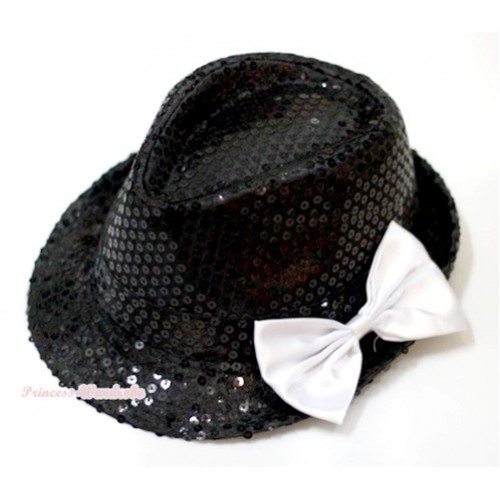Sparkle Sequin Black Jazz Hat With White Satin Bow H631 
