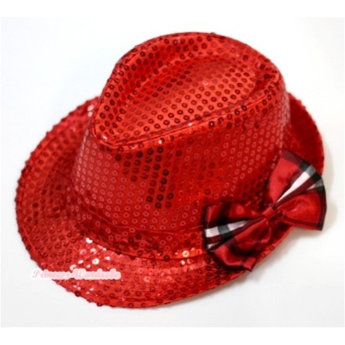 Sparkle Sequin Red Jazz Hat With Red Black Checked Satin Bow H633 
