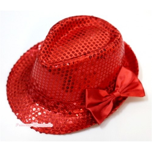 Sparkle Sequin Red Jazz Hat With Red Satin Bow H634 