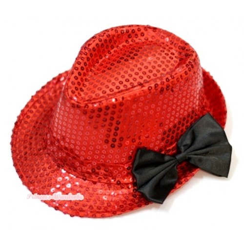 Sparkle Sequin Red Jazz Hat With Black Satin Bow H636 