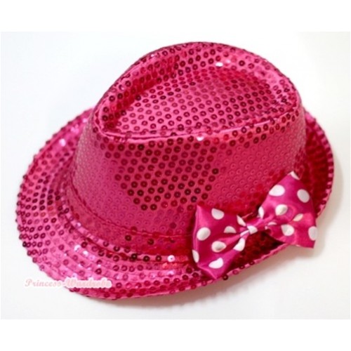 Sparkle Sequin Hot Pink Jazz Hat With Dark Hot Pink White Dots Satin Bow H638 