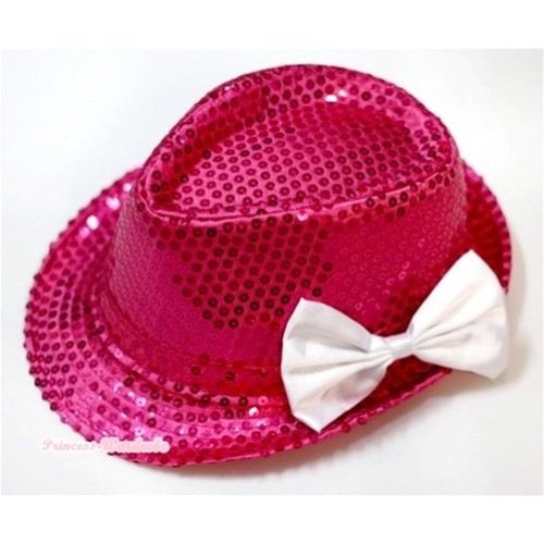 Sparkle Sequin Hot Pink Jazz Hat With White Satin Bow H639 