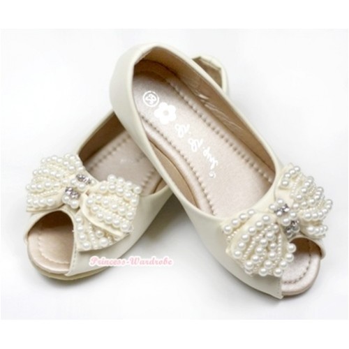 Ivory Cream White Pearl Bow Open Toe Shoes 138-13Beige 