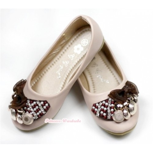 Light Pink Brown Pearl Rhinestone Bow Open Toe Shoes 238-151Pink 