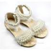 Ivory Cream White Pearl T-Strap Flat Ankle Sandals 2688-38Beige 