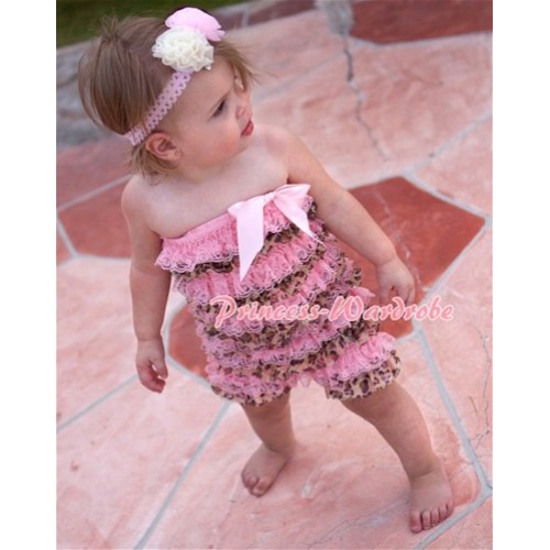 Light Pink Leopard Layer Chiffon Romper with Light Pink Bow LR66 