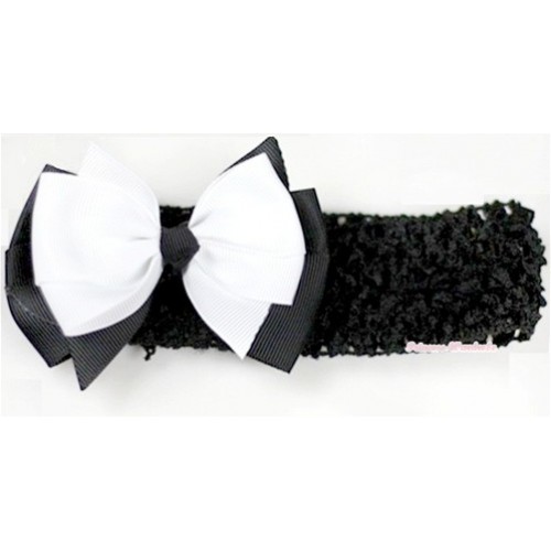 Black Headband With White Black Ribbon Bow Hair Clip H648 
