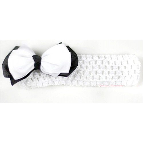 White Headband With White Black Ribbon Bow Hair Clip H649 