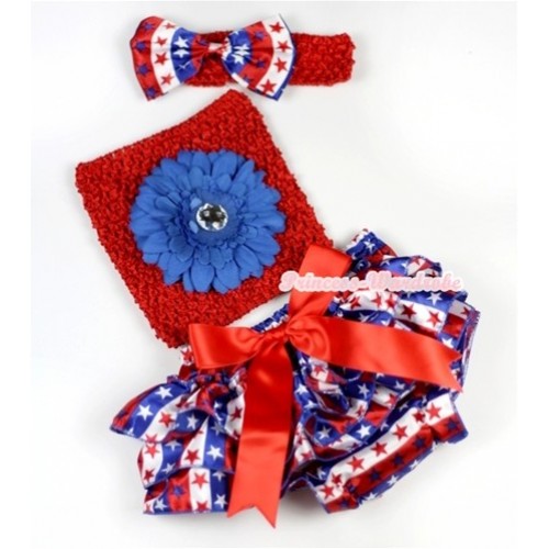 Red Big Bow Red White Royal Blue Striped Stars Satin Bloomer ,Royal Blue Flower Red Crochet Tube Top, Red Headband Red White Royal Blue Striped Stars Satin Bow 3PC Set CT554 