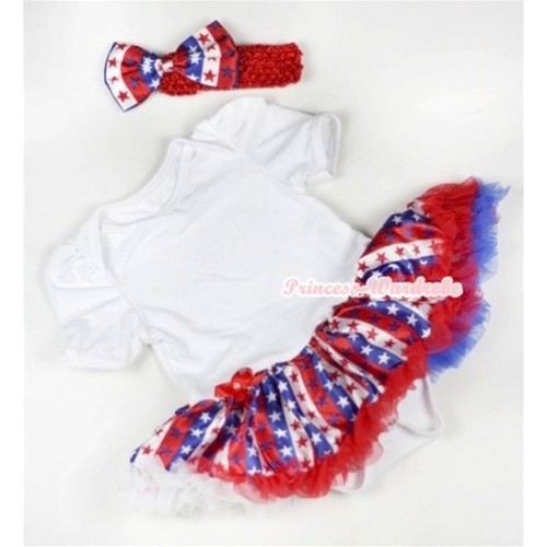 White Baby Jumpsuit Red White Royal Blue Striped Stars Pettiskirt With Red Headband Red White Royal Blue Striped Stars Satin Bow JS617 