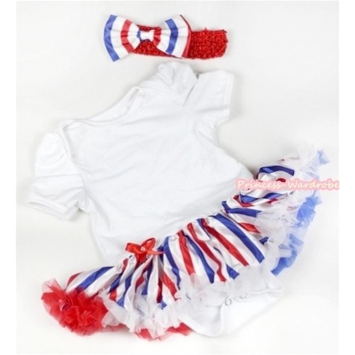White Baby Jumpsuit Red White Royal Blue Striped Pettiskirt With Red Headband Red White Royal Blue Striped Satin Bow JS616 