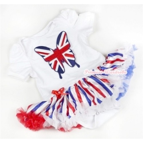 White Baby Jumpsuit Red White Royal Blue Striped Pettiskirt with Patriotic British Butterfly Print JS595 