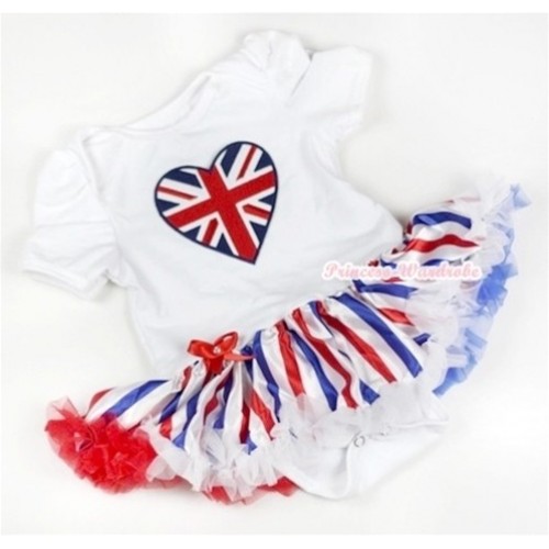 White Baby Jumpsuit Red White Royal Blue Striped Pettiskirt with Patriotic British Heart Print JS596 
