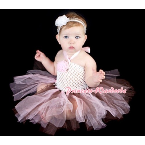 White Crochet Tube Top with Pink Brown Knotted Tutu HT03 