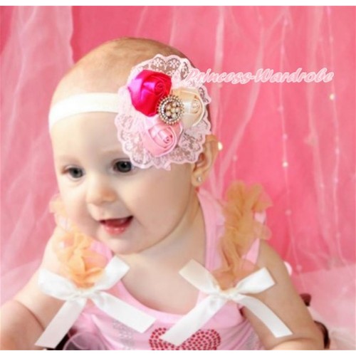 Cream White Headband With Pearl Cream White Hot Light Pink Satin Rosettes Lace Hair Clip H842 