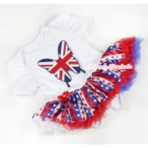 White Baby Jumpsuit Red White Royal Blue Striped Stars Pettiskirt with Patriotic British Butterfly Print JS607 
