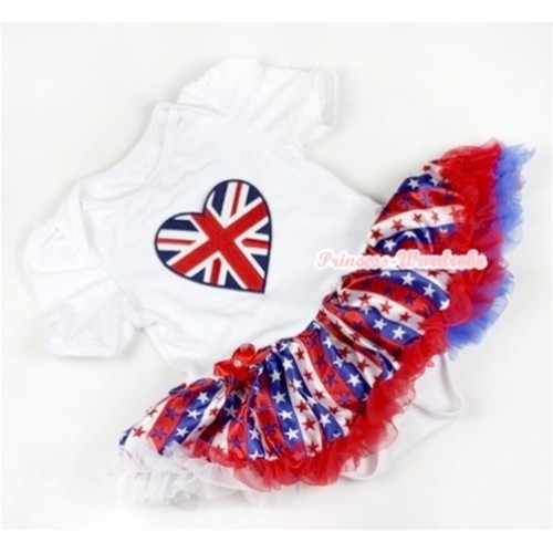 White Baby Jumpsuit Red White Royal Blue Striped Stars Pettiskirt with Patriotic British Heart Print JS608 