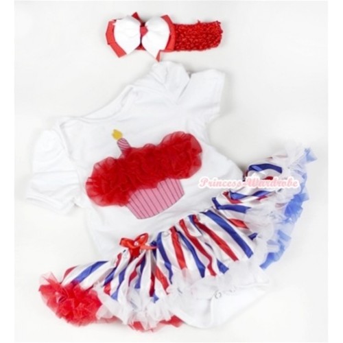 White Baby Jumpsuit Red White Royal Blue Striped Pettiskirt With Red Rosettes Birthday Cake Print With Red Headband White Red Ribbon Bow JS618 