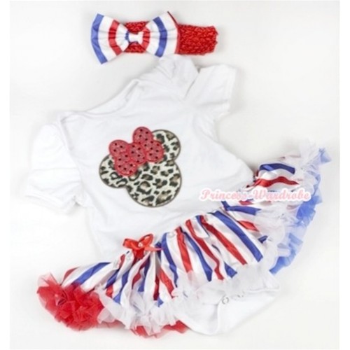 White Baby Jumpsuit Red White Royal Blue Striped Pettiskirt With Leopard Minnie Print With Red Headband Red White Royal Blue Striped Satin Bow JS622 