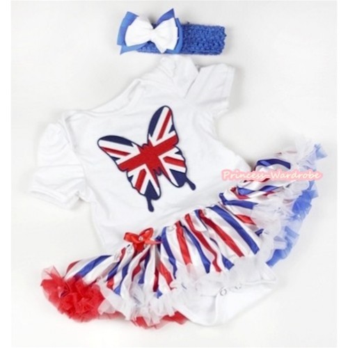 White Baby Jumpsuit Red White Royal Blue Striped Pettiskirt With Patriotic British Butterfly Print With Royal Blue Headband White Royal Blue Ribbon Bow JS625 