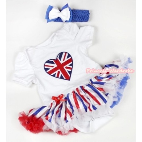 White Baby Jumpsuit Red White Royal Blue Striped Pettiskirt With Patriotic British Heart Print With Royal Blue Headband White Royal Blue Ribbon Bow JS626 