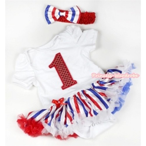 White Baby Jumpsuit Red White Royal Blue Striped Pettiskirt With 1st Sparkle Red Birthday Number Print With Red Headband Red White Royal Blue Striped Satin Bow JS630 