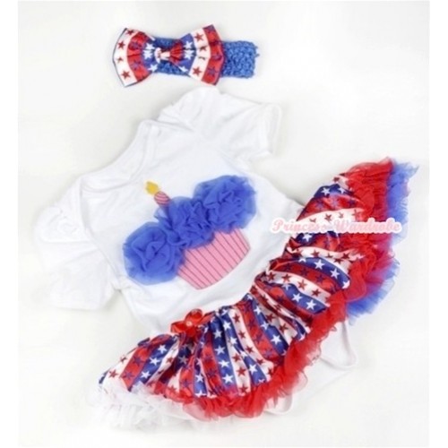 White Baby Jumpsuit Red White Royal Blue Striped Stars Pettiskirt With Royal Blue Rosettes Birthday Cake Print With Royal Blue Headband Red White Royal Blue Striped Stars Satin Bow JS631 