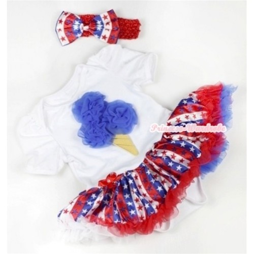 White Baby Jumpsuit Red White Royal Blue Striped Stars Pettiskirt With Royal Blue Rosettes Ice Cream Print With Red Headband Red White Royal Blue Striped Stars Satin Bow JS632 