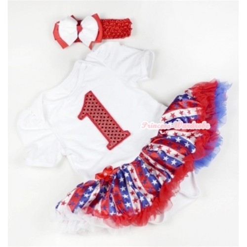 White Baby Jumpsuit Red White Royal Blue Striped Stars Pettiskirt With 1st Sparkle Red Birthday Number Print With Red Headband White Red Ribbon Bow JS633 