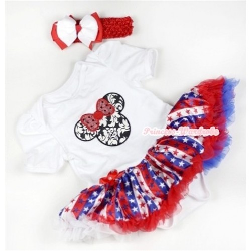 White Baby Jumpsuit Red White Royal Blue Striped Stars Pettiskirt With Sparkle Red Damask Minnie Print With Red Headband White Red Ribbon Bow JS635 