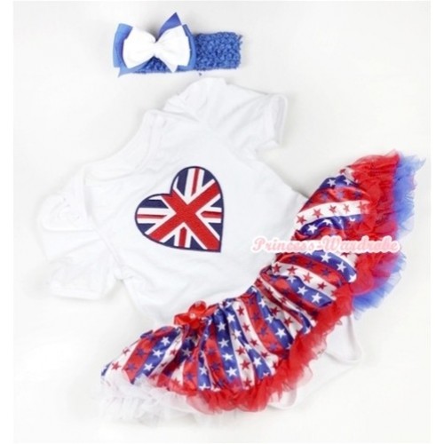 White Baby Jumpsuit Red White Royal Blue Striped Stars Pettiskirt With Patriotic British Heart Print With Royal Blue Headband White Royal Blue Ribbon Bow JS637 