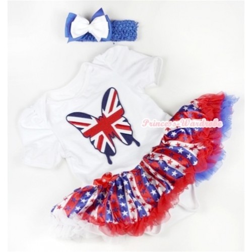 White Baby Jumpsuit Red White Royal Blue Striped Stars Pettiskirt With Patriotic British Butterfly Print With Royal Blue Headband White Royal Blue Ribbon Bow JS638 