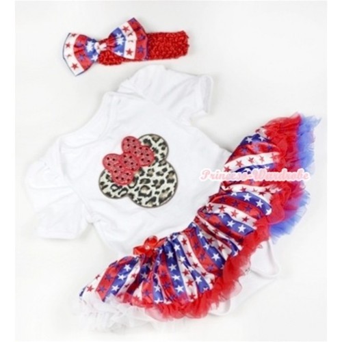 White Baby Jumpsuit Red White Royal Blue Striped Stars Pettiskirt With Leopard Minnie Print With Red Headband Red White Royal Blue Striped Stars Satin Bow JS641 