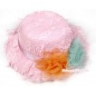 Light Pink Lace & Orange Aqua Blue Rosettes Summer Beach Straw Hat  H650 