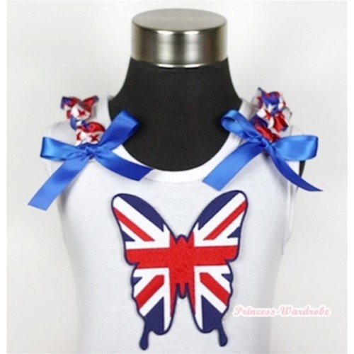 White Tank Top With Patriotic British Butterfly Print with Red White Royal Blue Striped Stars Ruffles & Royal Blue Bow TB369 