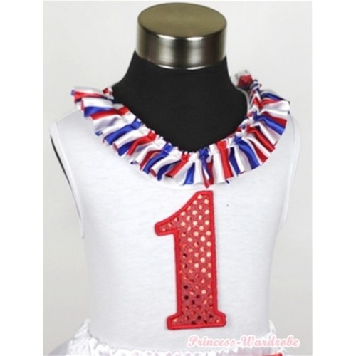 White Tank Tops with 1st Sparkle Red Birthday Number Print with Red White Royal Blue Striped Satin Lacing TB370 