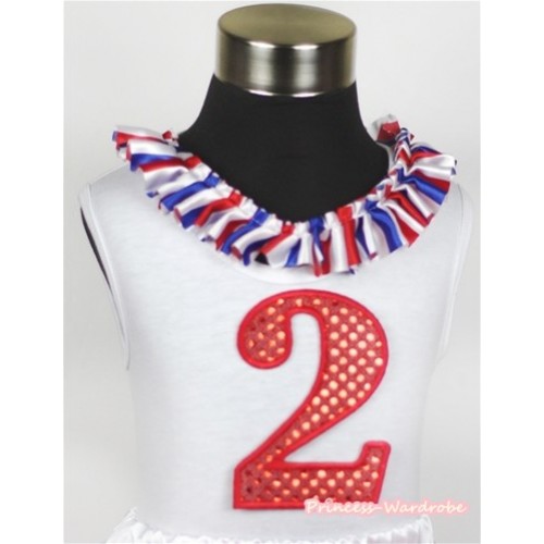 White Tank Tops with 2nd Sparkle Red Birthday Number Print with Red White Royal Blue Striped Satin Lacing TB371 