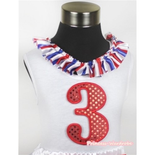 White Tank Tops with 3rd Sparkle Red Birthday Number Print with Red White Royal Blue Striped Satin Lacing TB372 