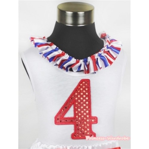 White Tank Tops with 4th Sparkle Red Birthday Number Print with Red White Royal Blue Striped Satin Lacing TB373 