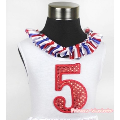White Tank Tops with 5th Sparkle Red Birthday Number Print with Red White Royal Blue Striped Satin Lacing TB374 