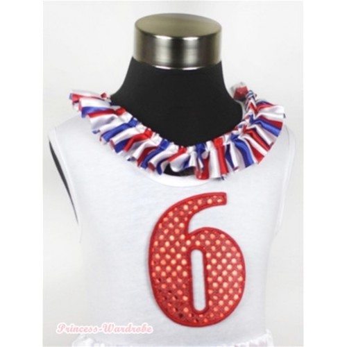 White Tank Tops with 6th Sparkle Red Birthday Number Print with Red White Royal Blue Striped Satin Lacing TB375 